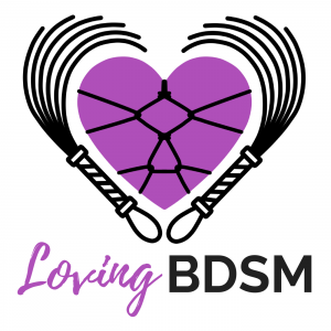 The Loving BDSM podcast logo, a purple heart surrounded by 2 floggers. For an interview with Kayla Lords