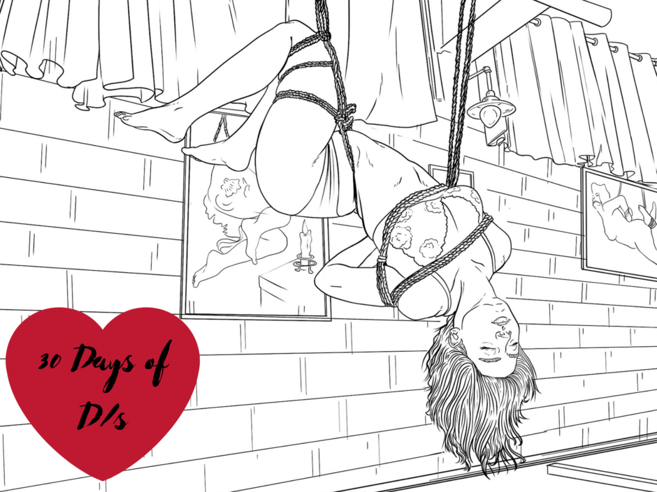 A female bodied person hanging upside down in a black and white shibari drawing. With the 30 Days of Ds logo for a post on things that don't make you less Dominant