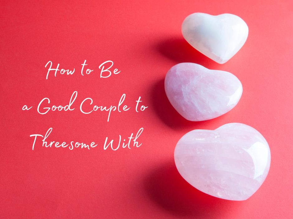 Three pink hearts on a red background, header for a post about how to be a good couple to threesome with