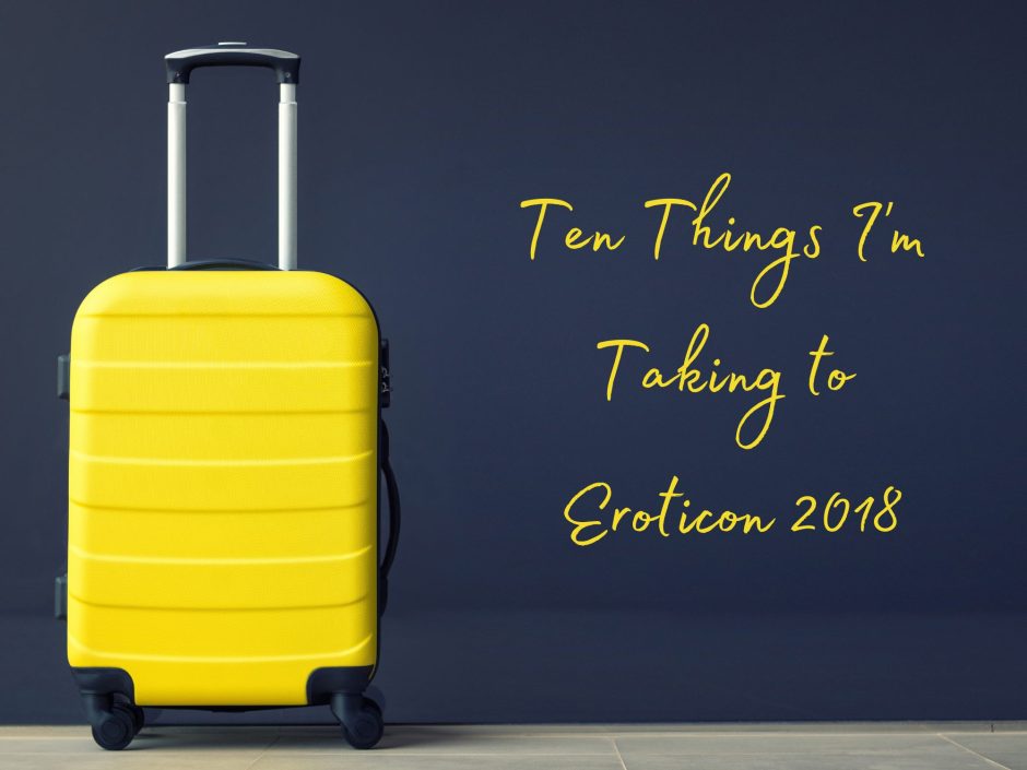 A yellow suitcase on a dark blue background. Header image or a post about things I'm taking to Eroticon 2018