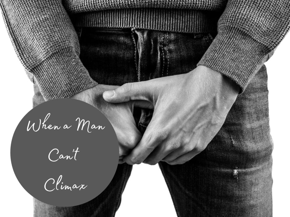 A close up of a man's crotch area. For an Ask Amy post about when a man can't reach climax