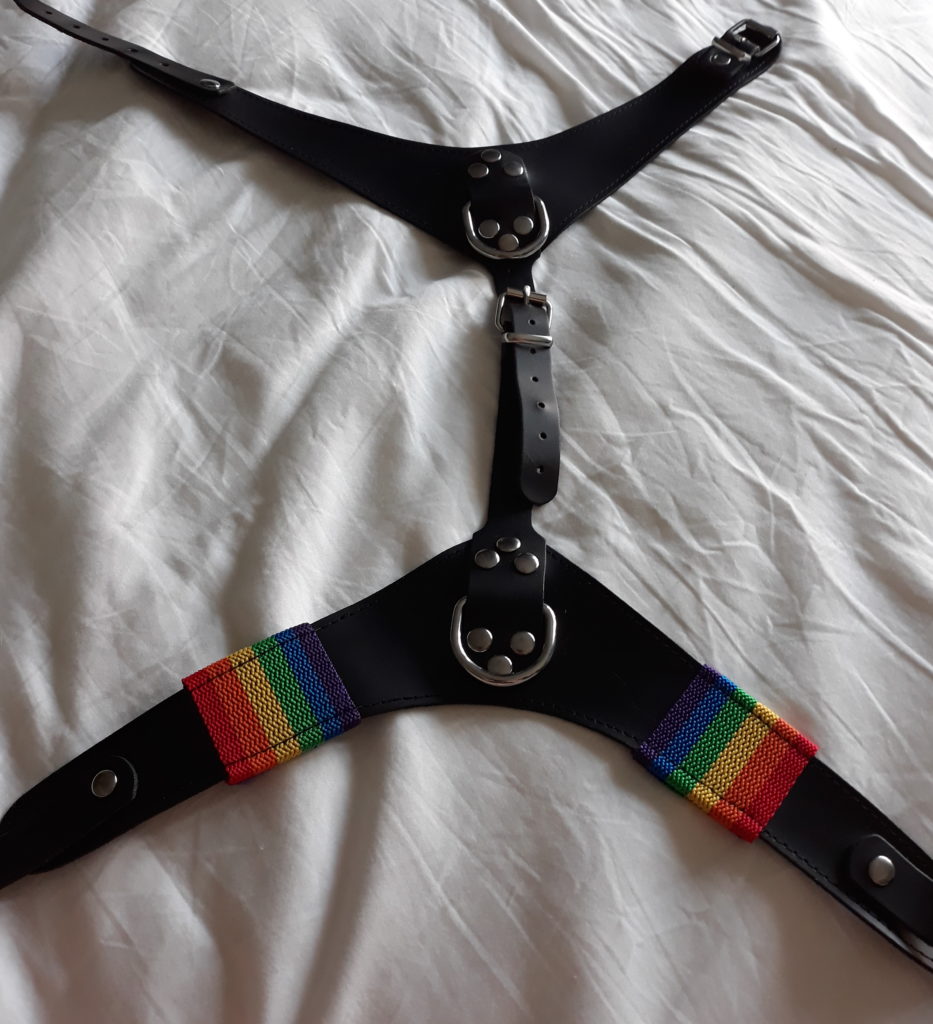 The Bondage Boutique pride rainbow harness laid out on a white sheet