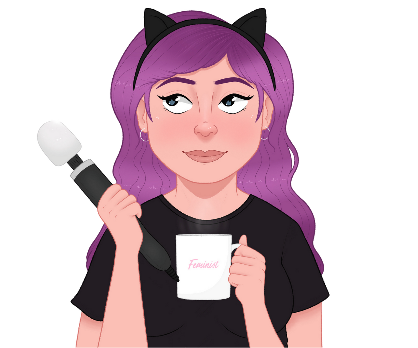 The Coffee and Kink logo - a cartoon portrait of a white woman in black cat ears with purple hair, holding a wand vibrator and a coffee cup