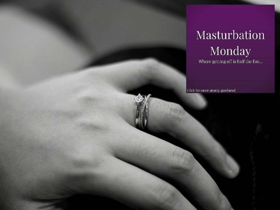 A woman's hands wearing a wedding and engagement ring, with the Masturbation Monday logo