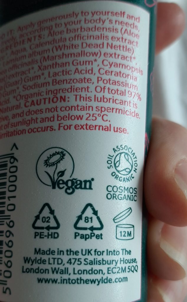 Wylde One packaging with Vegan Society and Soil Association stamps