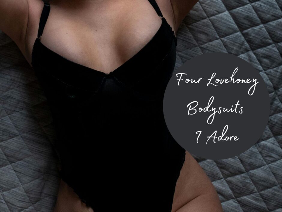 A woman in a black bodysuit lying on a bed for a Lovehoney Lingerie bodysuit review round-up. Text reads: Four Lovehoney Bodysuits I Adore