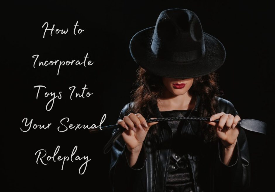 A woman wearing a black hat and holding a riding crop. Header for a post on incorporating toys into sexual roleplay
