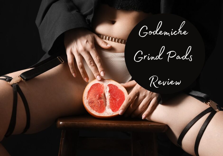A woman straddling a chair with an orange suggestively between her legs. Text reads: Godemiche Grind Pad Review