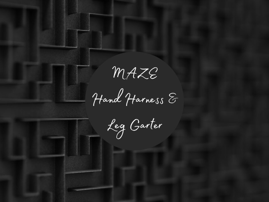 Bijoux Indiscrets Maze Hand Harness & Leg Garter review header featuring a black abstract maze background
