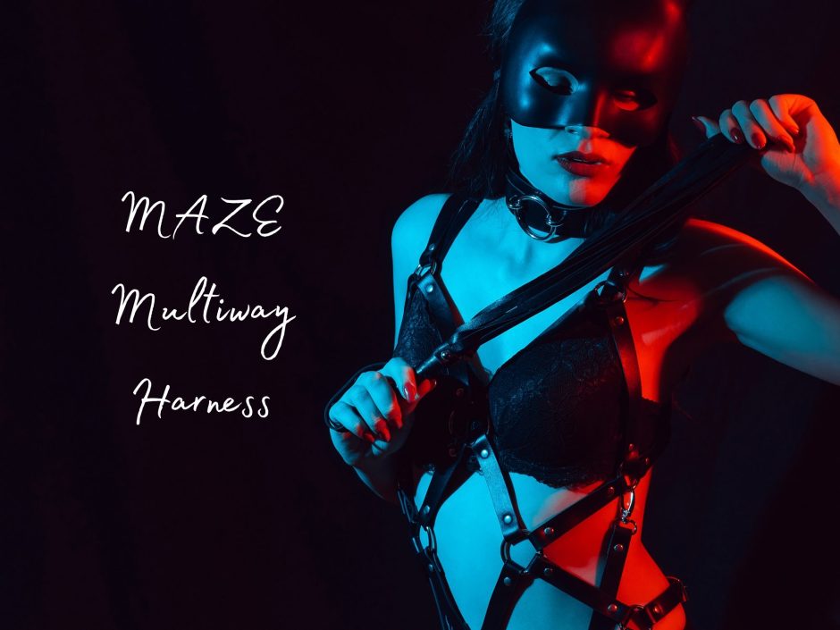 Header image featuring a woman wearing a sexy mask and leather harness and holding a flogger. Header for Bijoux Indiscrets MAZE Multiway Faux Leather Harness review.