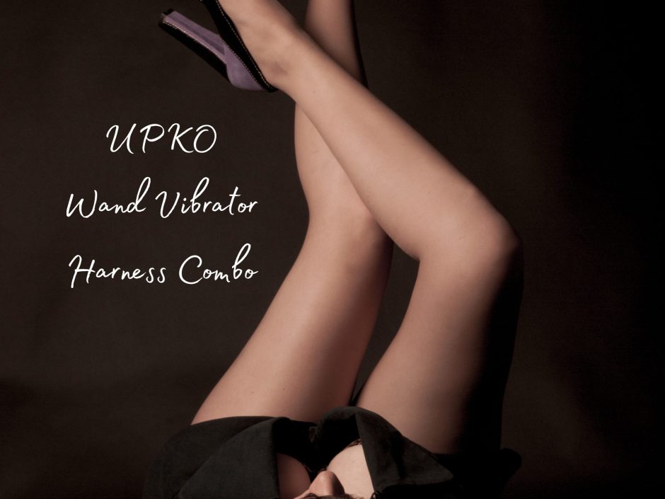 UPKO remote control wand vibrator harness combo header image feauring a woman's legs in black high heels