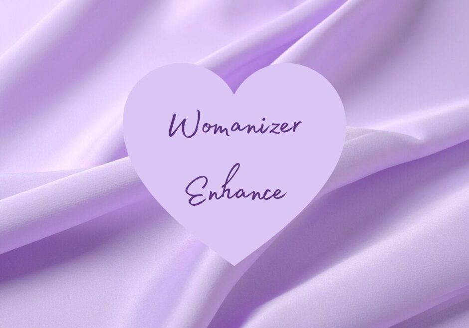 Womanizer Enhance review header image featuring close-up of a lilac sheet and text in a heart icon