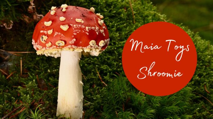 A red mushroom with white spots. Text reads: Maia Toys Shroomie