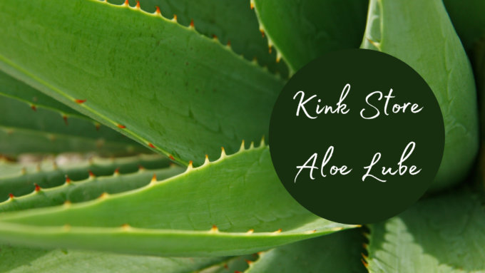 Close-up of an aloe vera plant. Text reads: Kink Store Aloe Lube
