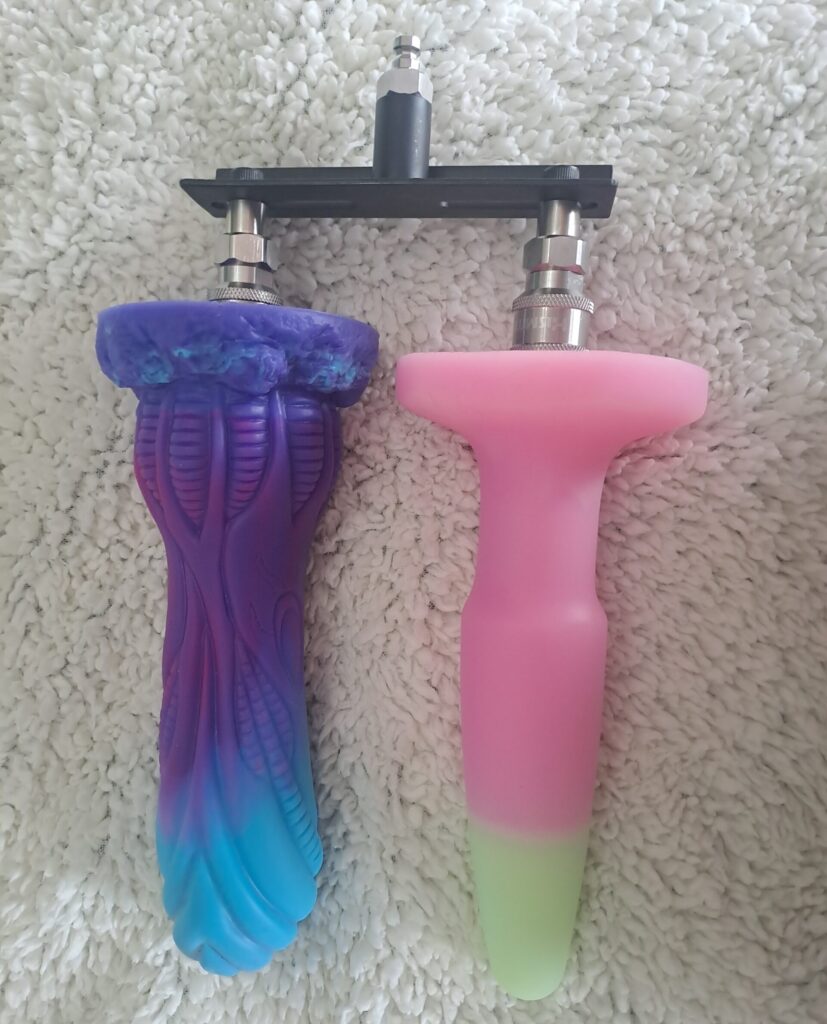 Hismith sex machine accessories: double Kliclok attachment with two silicone dildos