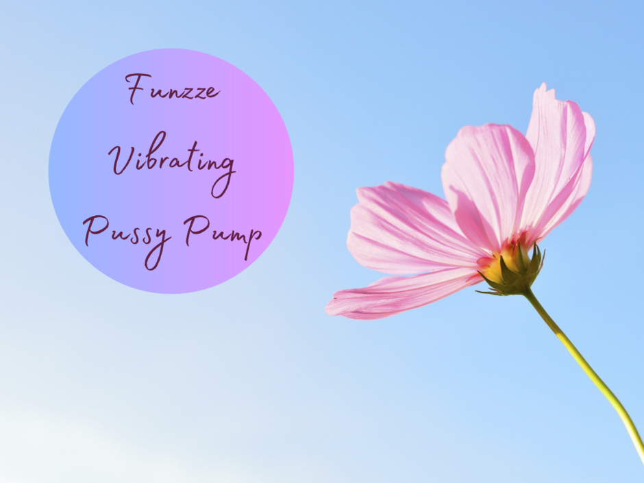 A pink flower on a sky blue background. Text reads: Funzze Vibrating Pussy Pump